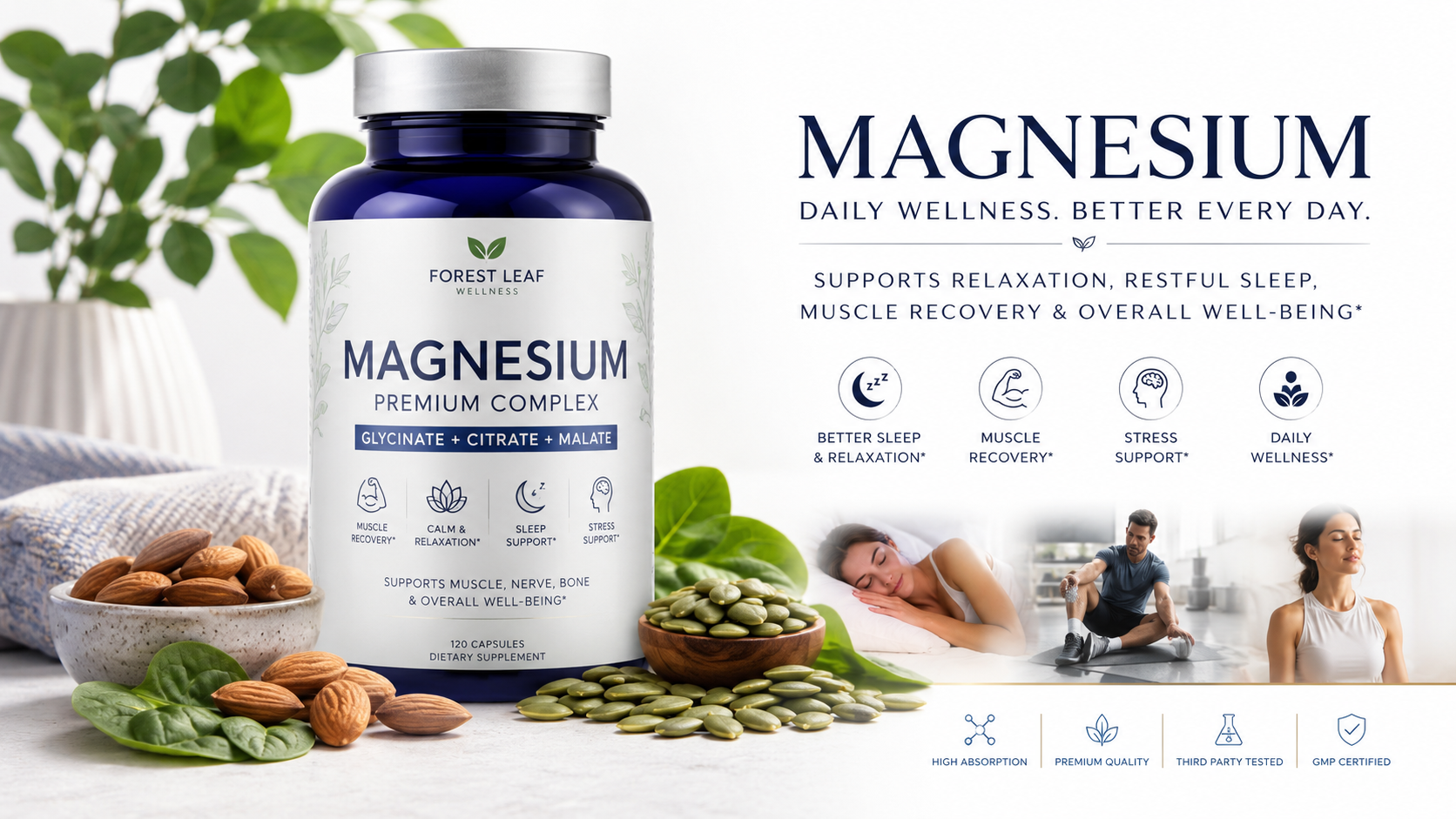 Premium Magnesium Supplement Bottle with Almonds, Spinach, and Pumpkin Seeds for Sleep, Muscle Recovery, Stress Support, and Daily Wellness