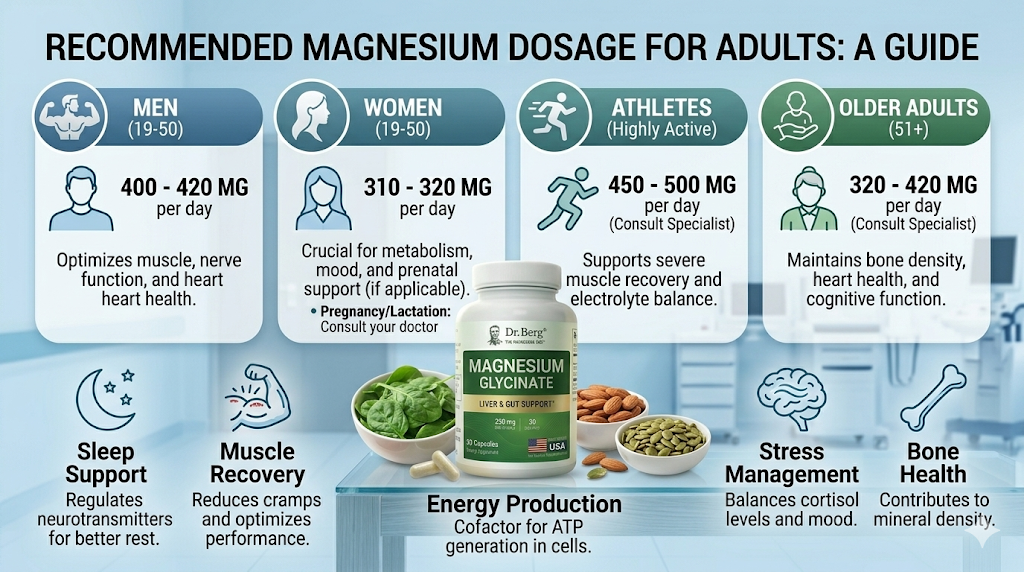 Magnesium Dosage Instructions Infographic Showing Recommended Daily Intake, Best Time to Take, and Proper Supplement Usage Guidelines