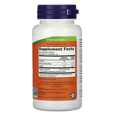 NOW Foods, Certified Organic Spirulina, 500 mg, 100 Tablets