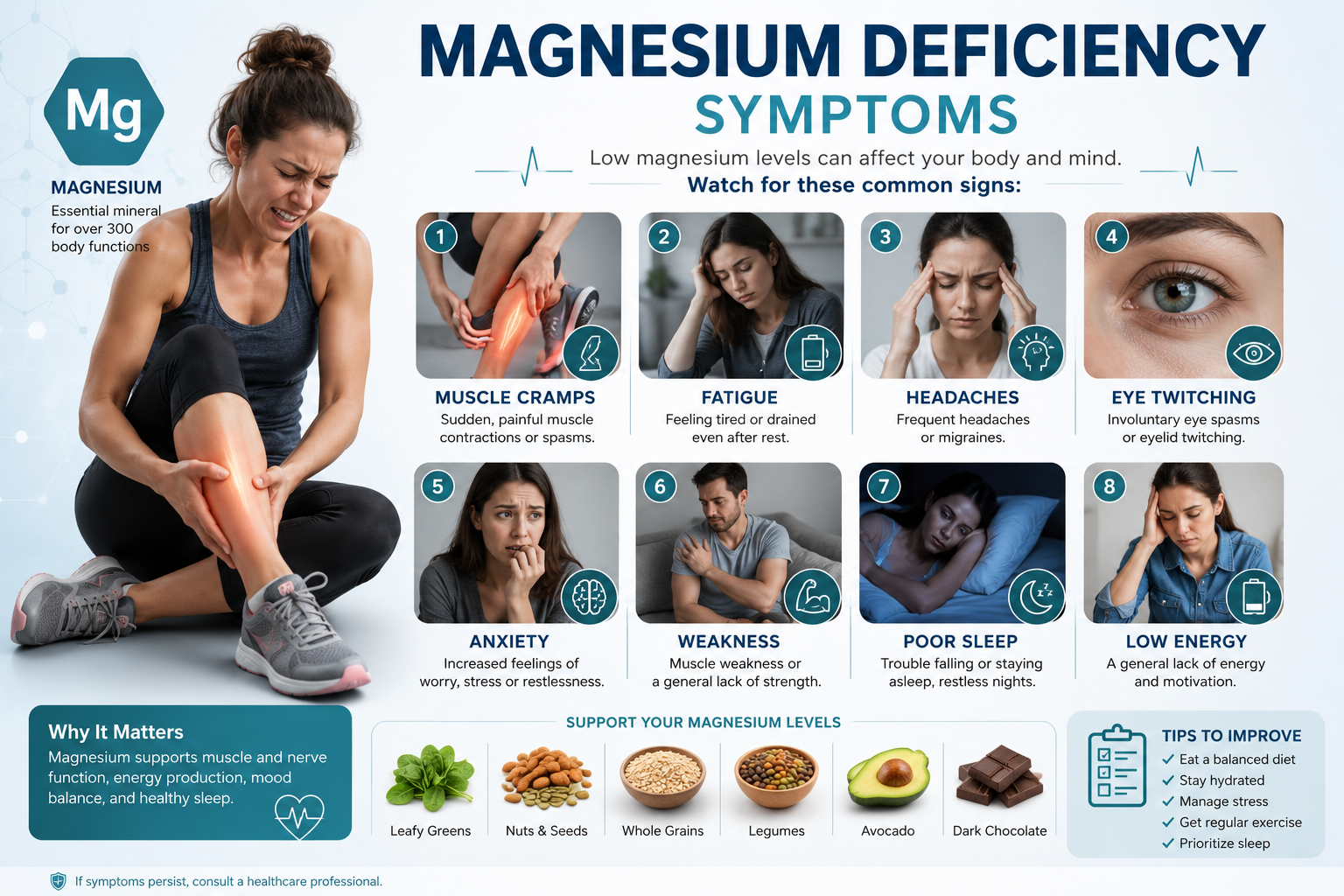 Common Magnesium Deficiency Symptoms Including Fatigue, Muscle Cramps, and Poor Sleep