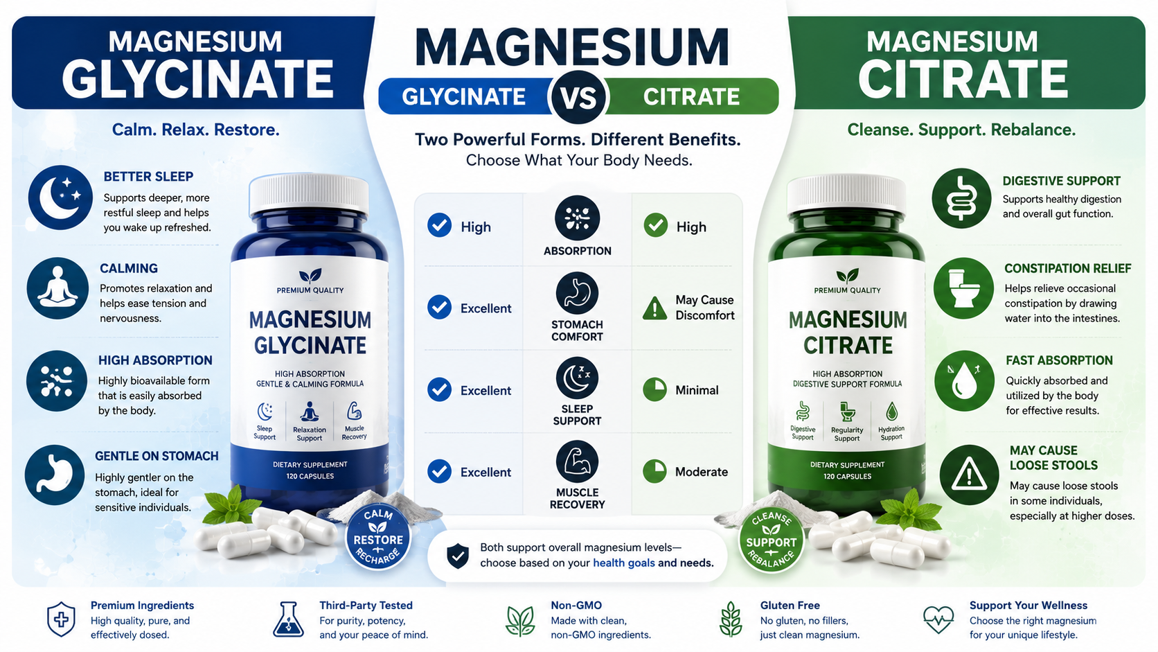Magnesium Glycinate vs Magnesium Citrate Comparison Infographic Showing Sleep Support, Digestion Benefits, Absorption, and Muscle Recovery Differences