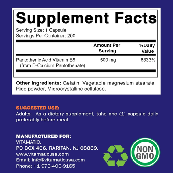 Vitamatic Pantothenic Acid (Vitamin B5) 500 Mg