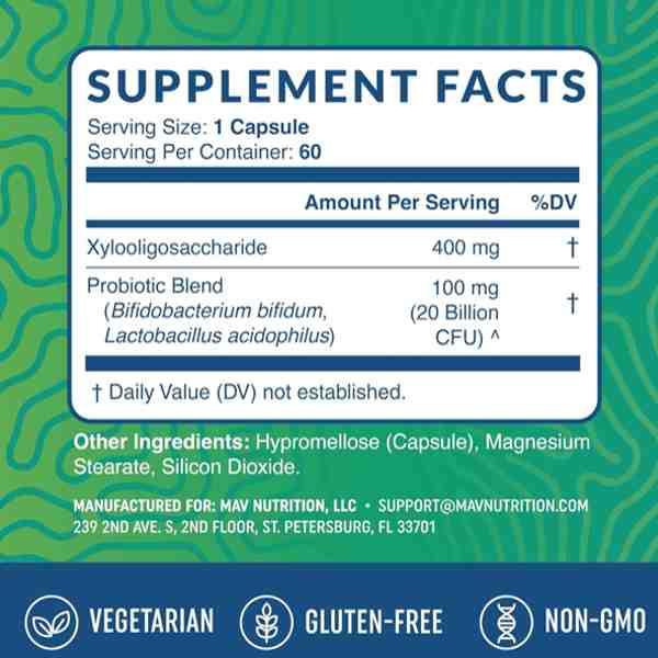 MAV Nutrition Prebiotic + Probiotic | 20 Billion CFU | 60 Capsules