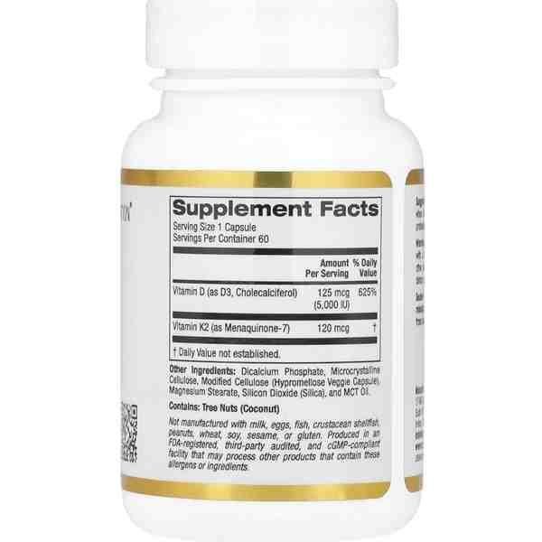 California Gold Nutrition Vitamin D3 + K2 |180 Veggie Capsules