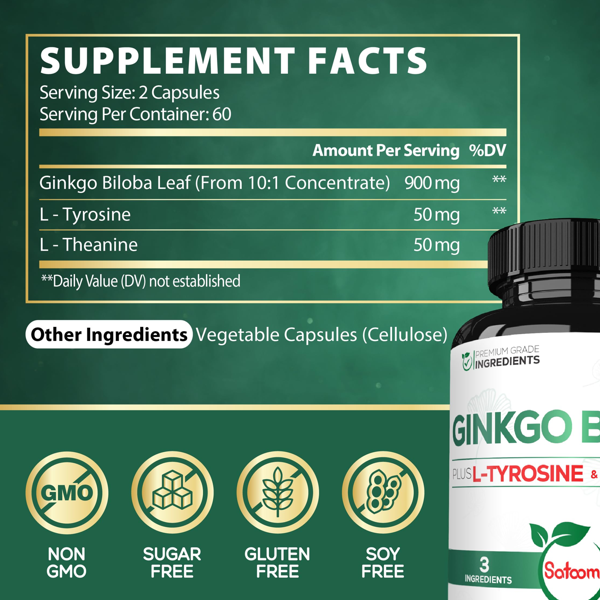 Satoom Ginkgo Biloba Plus L-tyrosine, L-theanine 1000'mg