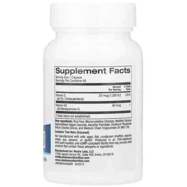 Lake Avenue Nutrition Vitamin D3 + K2 | 60 Capsules